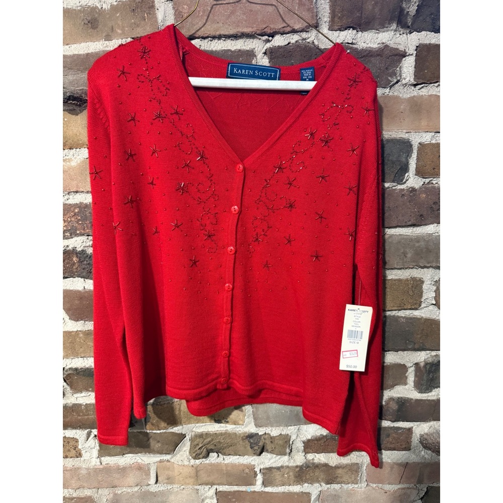 Karen Scott Cardigan Sweater Womens Medium Red Coquette Romantic Beaded Star NEW